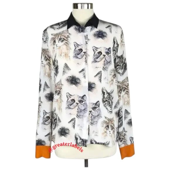 NEW Stella McCartney Cat Kitten Print Wilson Silk Blouse Shirt IT 42 RARE NWT - Picture 1 of 11